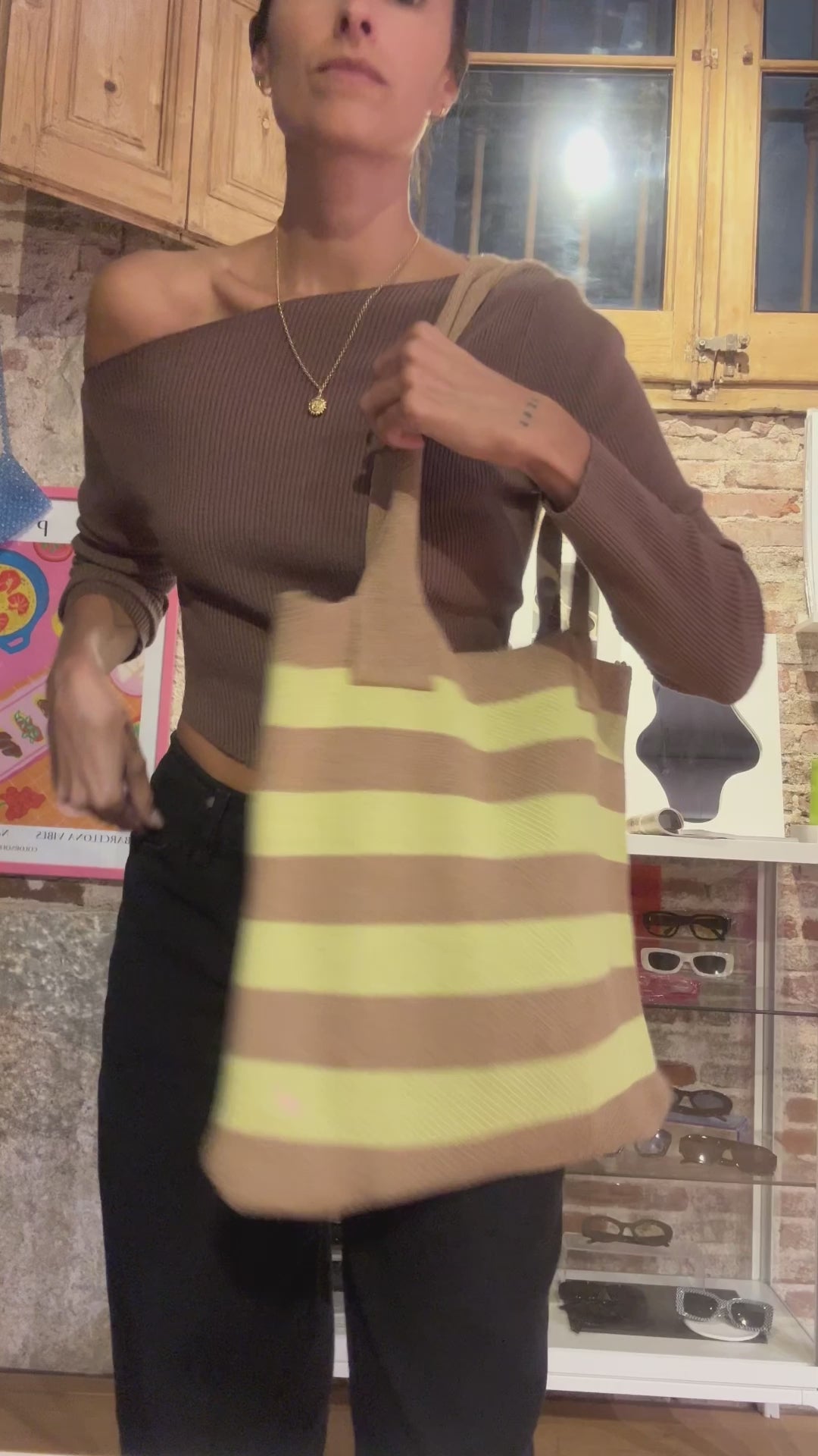 STRIPED TOTE BAG - TAN&LIME